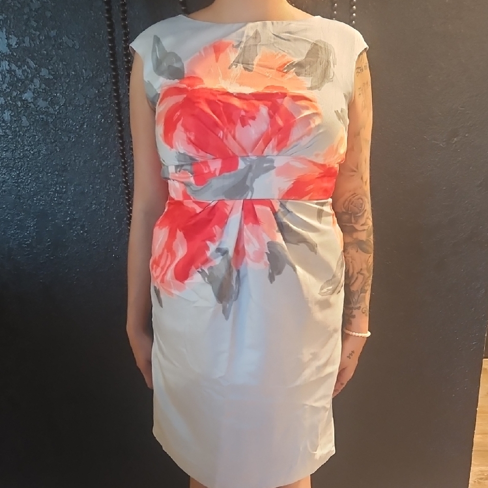 SD Collection Red and Gray Floral Long Sleeve Dress